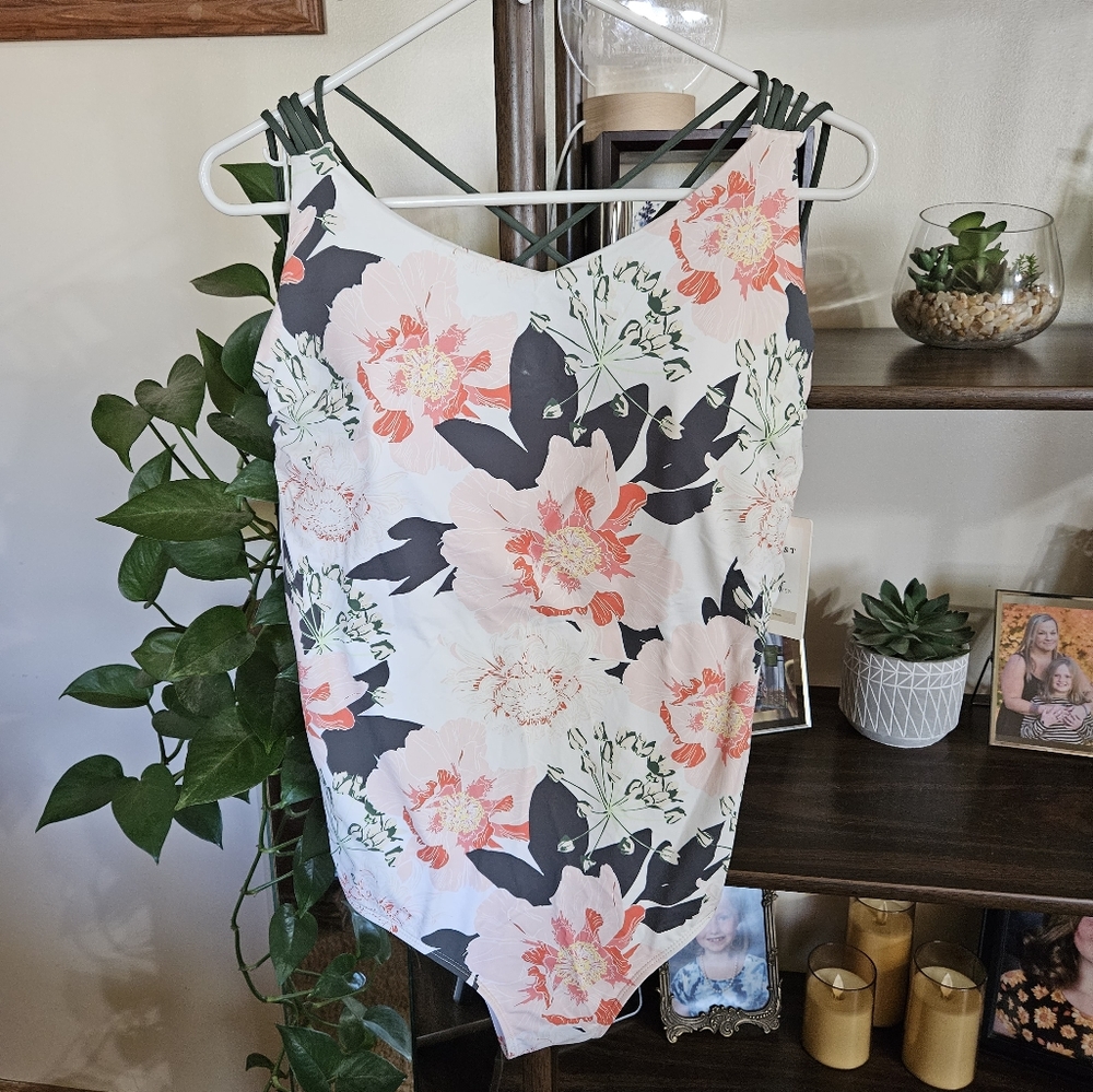 Downeast one piece floral swimsuit with criss cross back